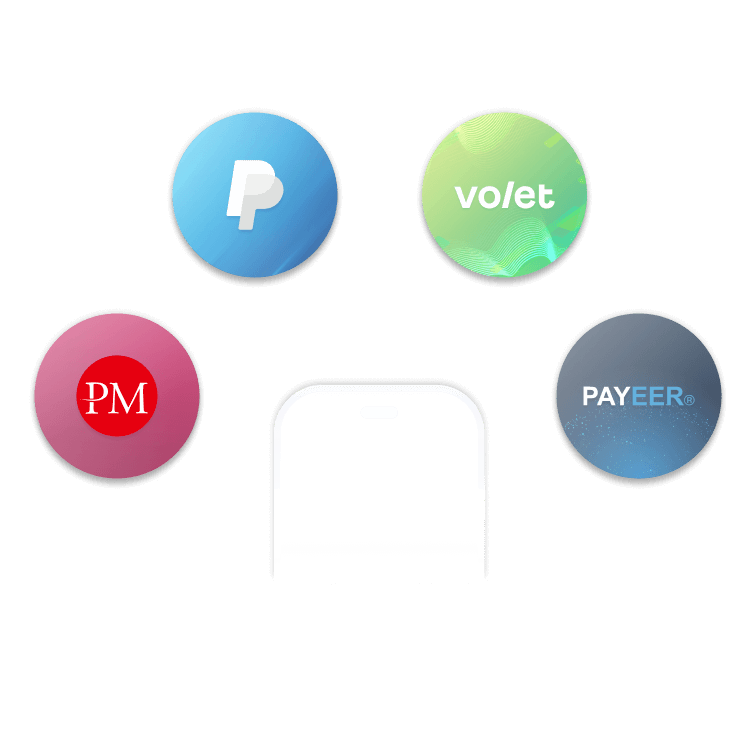 Logos of payment systems such as PayPal, volet, PM, and PAYEER in a circular layout with a phone.
